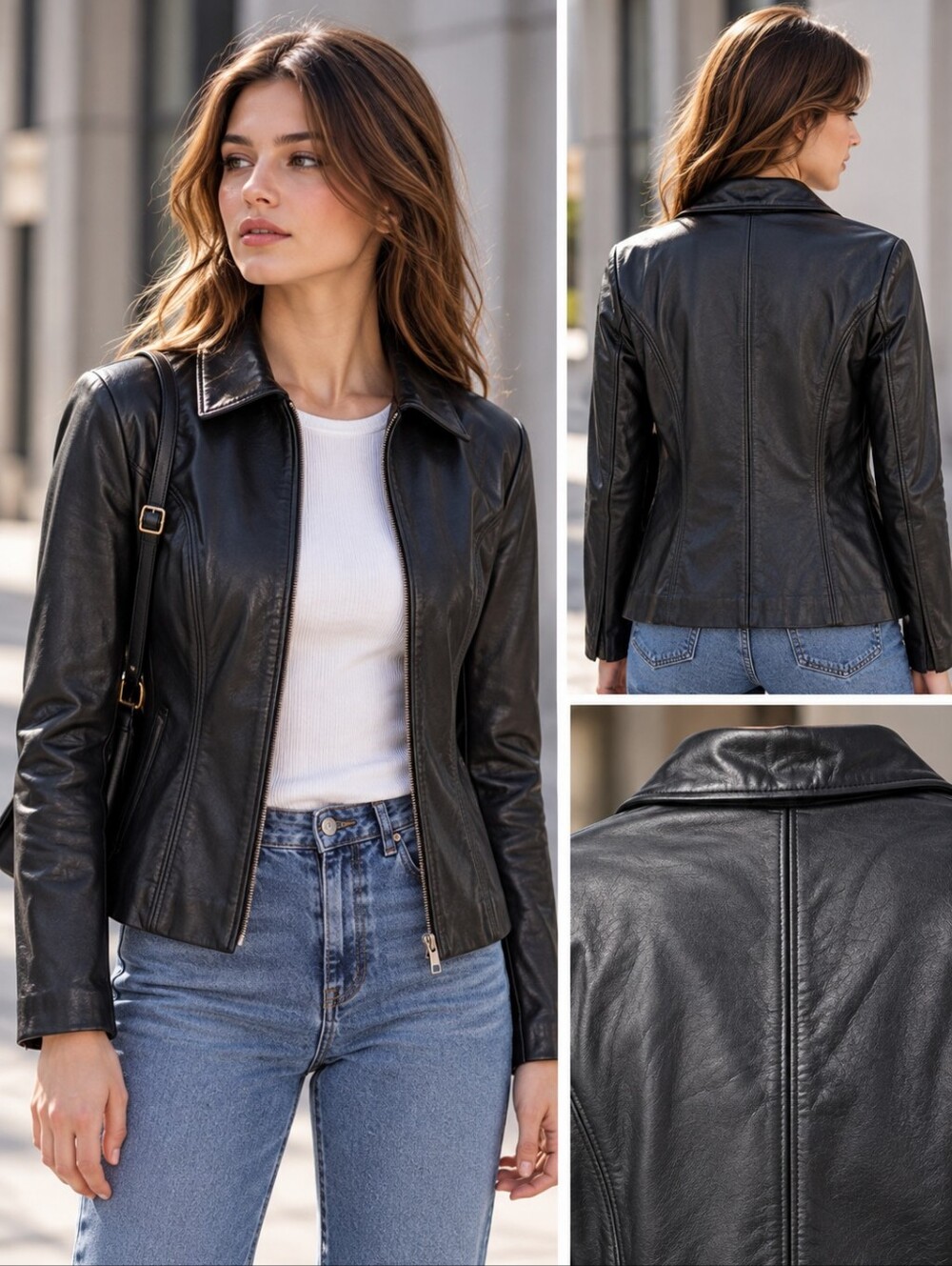 EUC Genuine Leather Classic Tailored Zip Jacket Jones New York Black Women's S